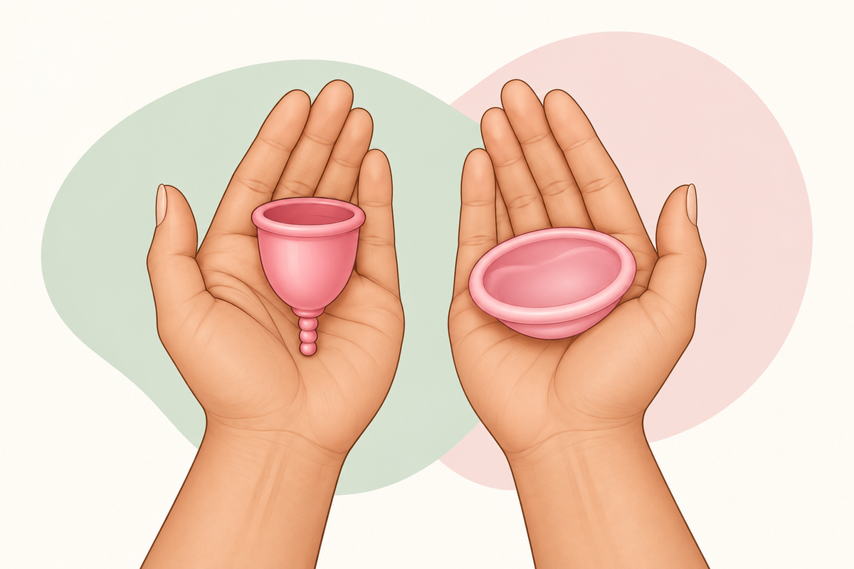 Hands holding a menstrual cup and disc